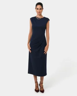 Forcast Adele Pleated Midi Dress Navy Clearance