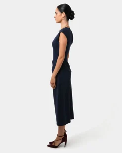Forcast Adele Pleated Midi Dress Navy Clearance