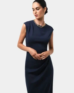 Forcast Adele Pleated Midi Dress Navy Clearance