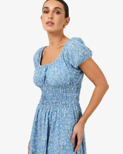 Forcast Alisa Shirred Midi Dress Blue Ditsy Discount