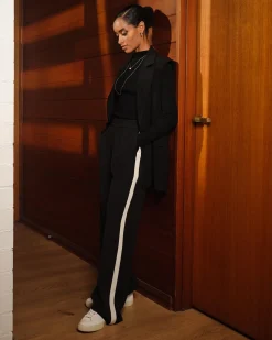 Forcast Alla Contrast Elastic Pants Black - Ivory Clearance