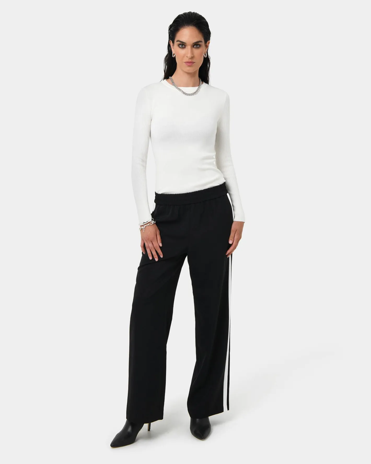 Forcast Alla Contrast Elastic Pants Black - Ivory Clearance
