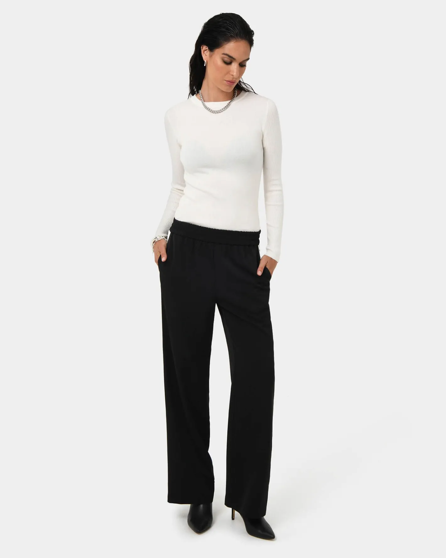 Forcast Alla Contrast Elastic Pants Black - Ivory Clearance