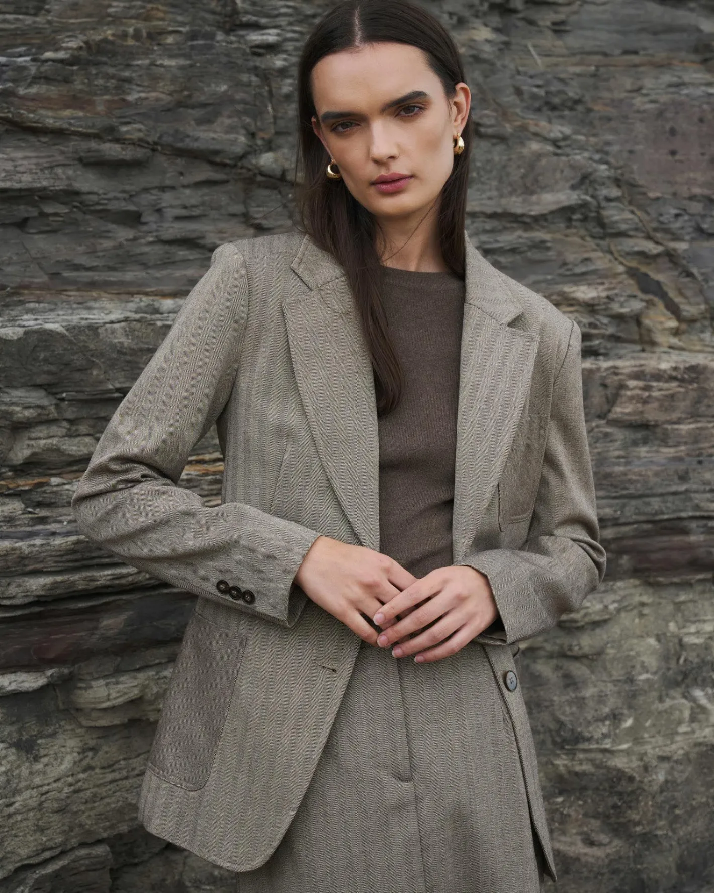 Forcast Allara Herringbone Jacket Beige Brown Sale