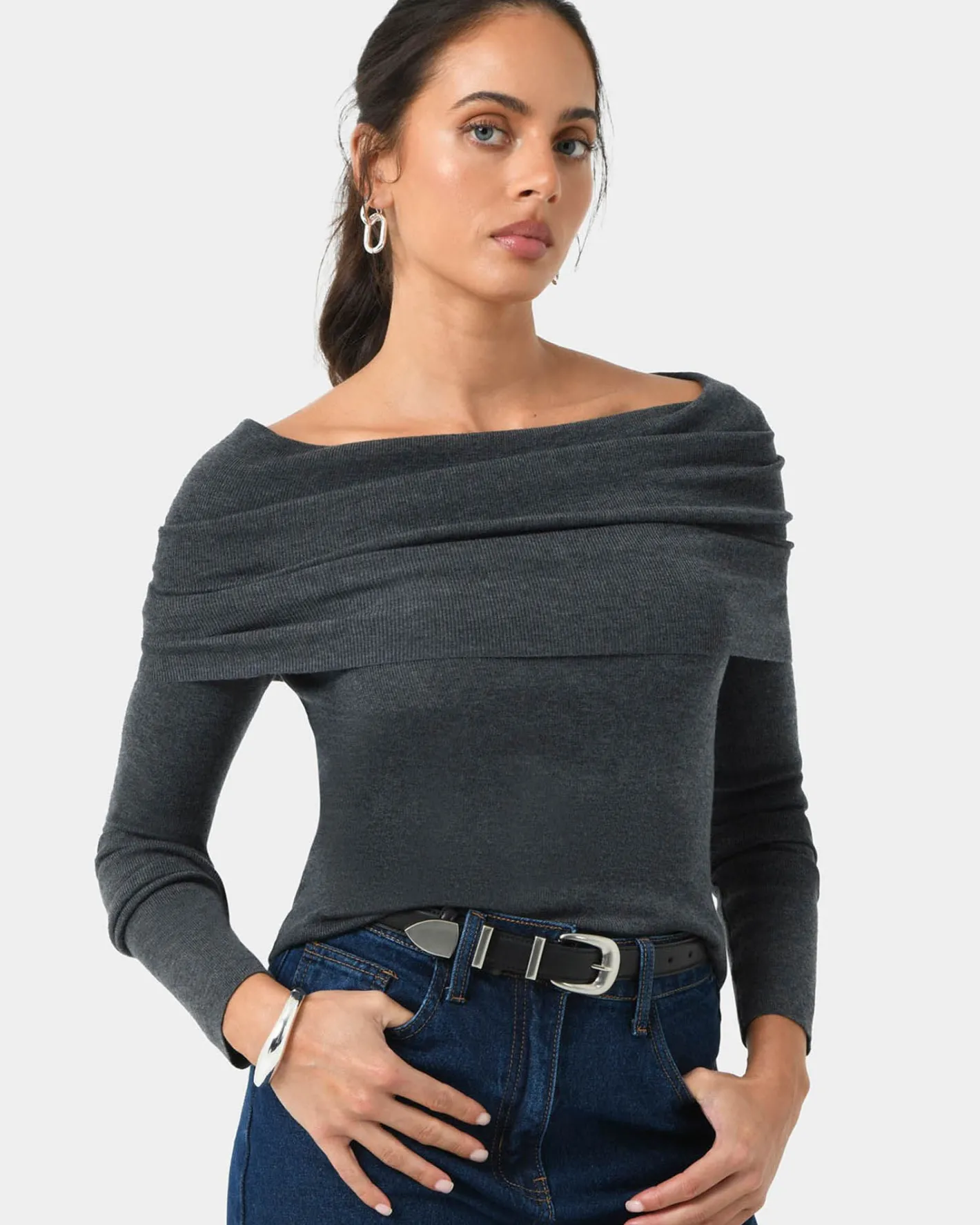 Forcast Ally Off Shoulder Knit Charcoal Grey Online