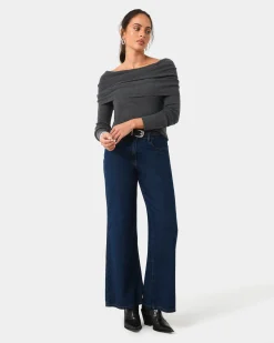 Forcast Ally Off Shoulder Knit Charcoal Grey Online
