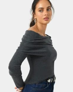 Forcast Ally Off Shoulder Knit Charcoal Grey Online