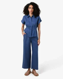 Forcast Ami Linen Pleated Tuck Shirt Egyptian Blue Clearance