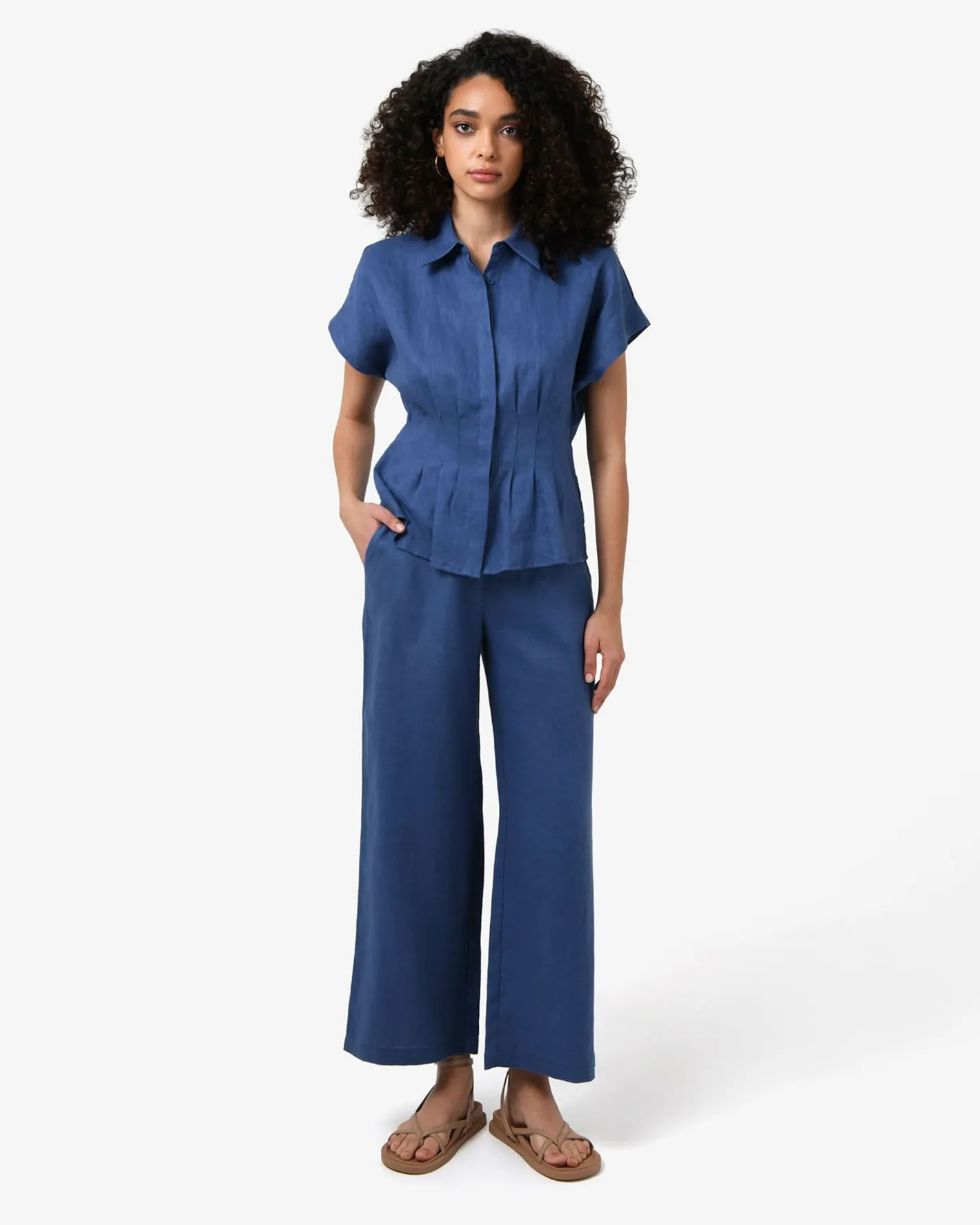 Forcast Ami Linen Pleated Tuck Shirt Egyptian Blue Clearance