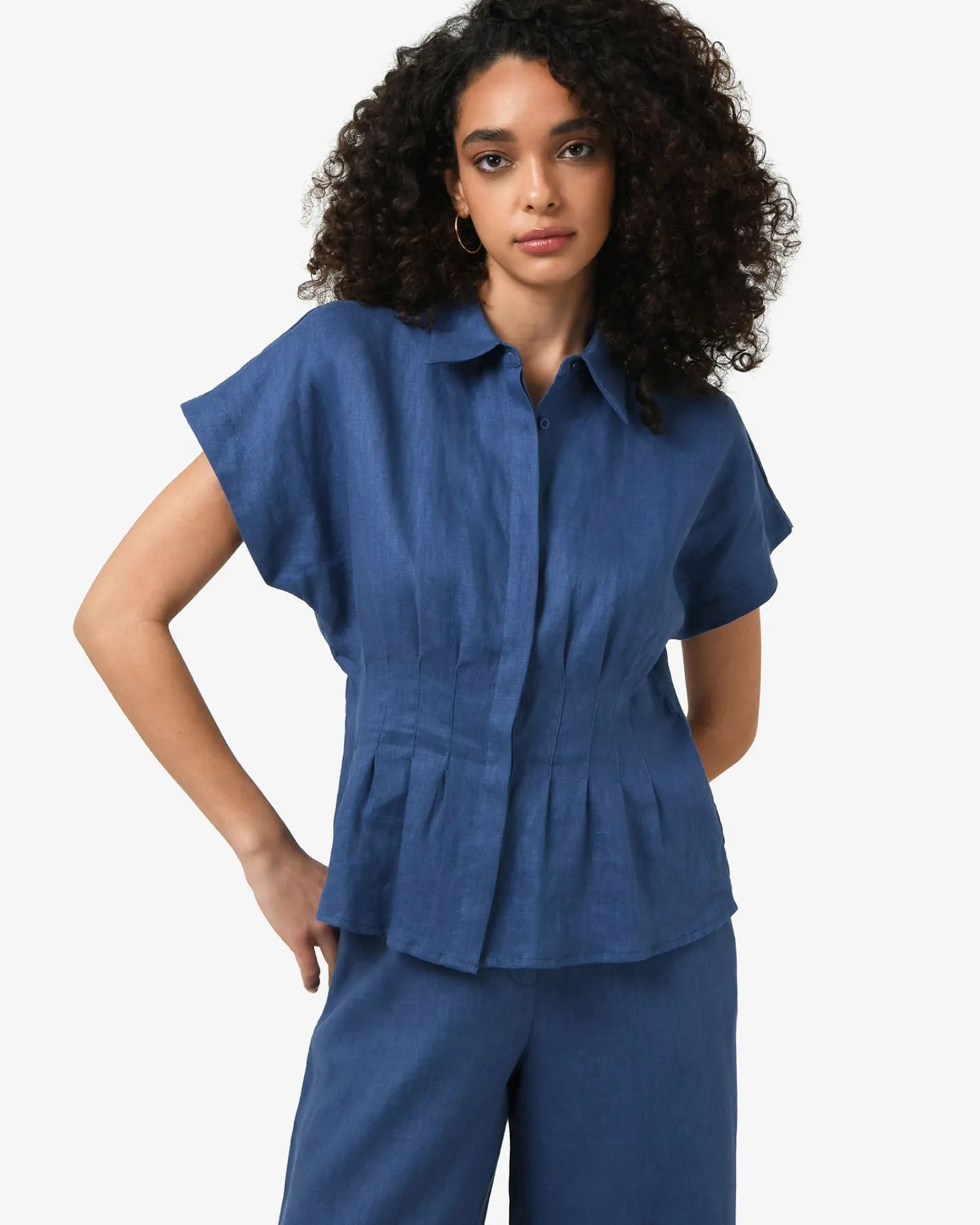 Forcast Ami Linen Pleated Tuck Shirt Egyptian Blue Clearance