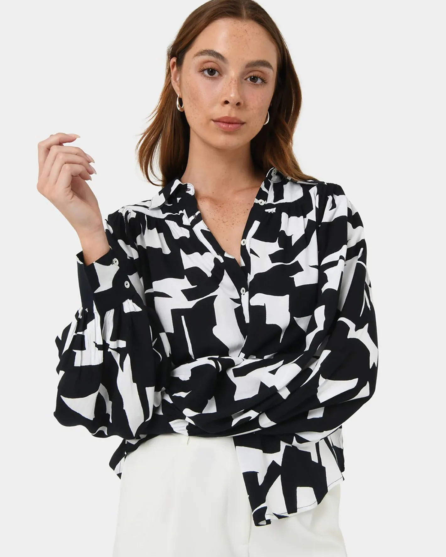 Forcast Anella Monochrome Print Blouse Black - Ivory Sale
