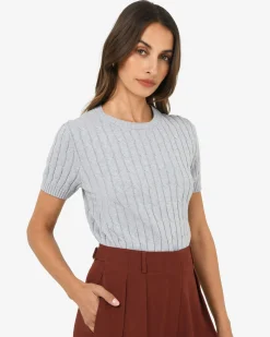 Forcast Anita Short Sleeve Cable Knit Ash Marle Outlet