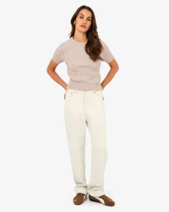 Forcast Anita Short Sleeve Cable Knit Light Taupe New