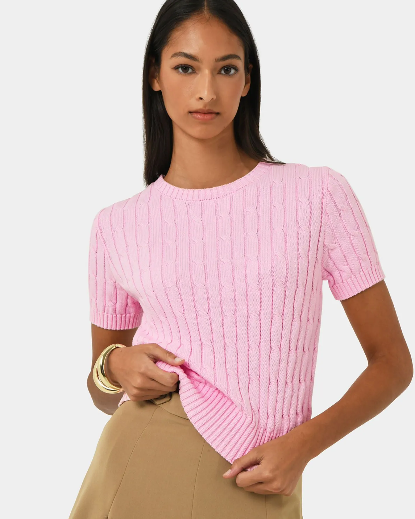 Forcast Anita Short Sleeve Cable Knit Pink Clearance
