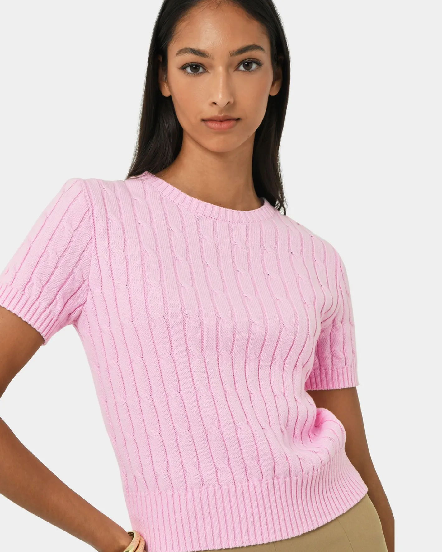 Forcast Anita Short Sleeve Cable Knit Pink Clearance