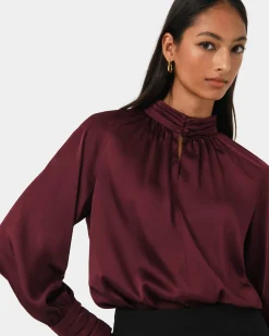Forcast Anna Pleated Satin Blouse Wine New