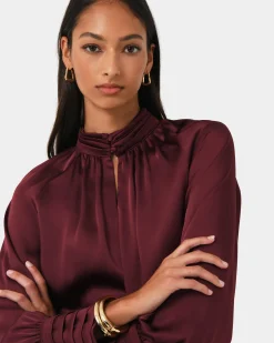 Forcast Anna Pleated Satin Blouse Wine New