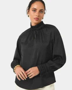 Forcast Anna Pleated Satin Blouse Black Sale