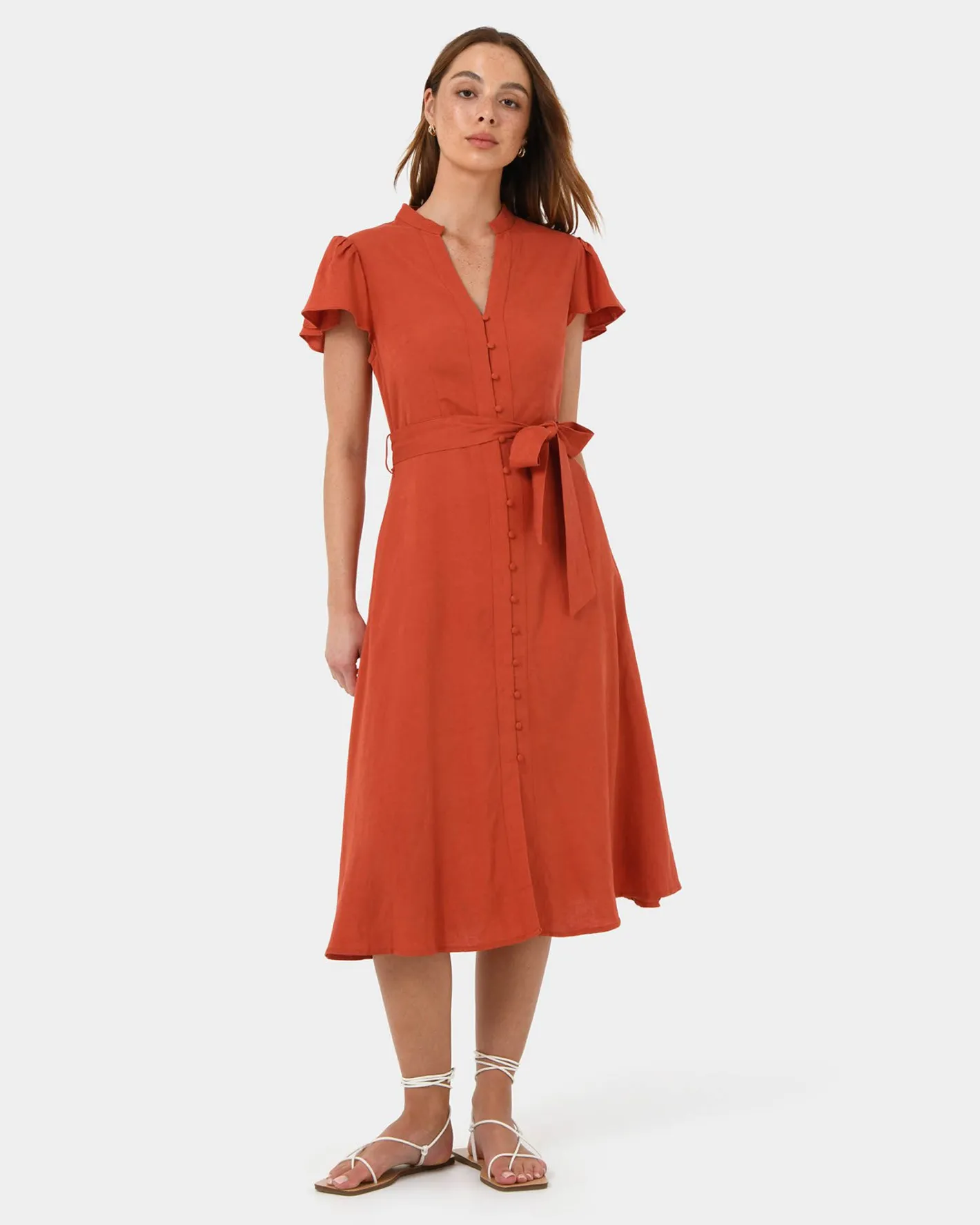Forcast Anne Linen Midi Dress Burnt Orange Best