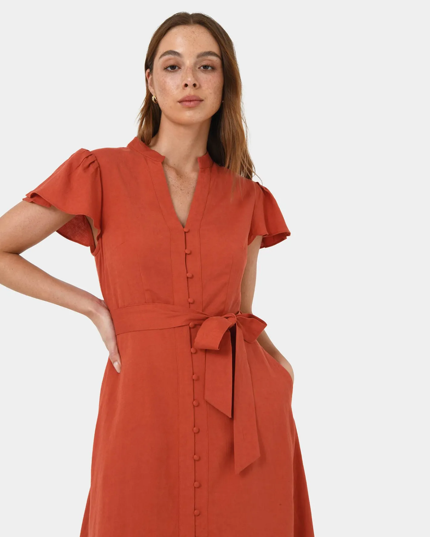 Forcast Anne Linen Midi Dress Burnt Orange Best