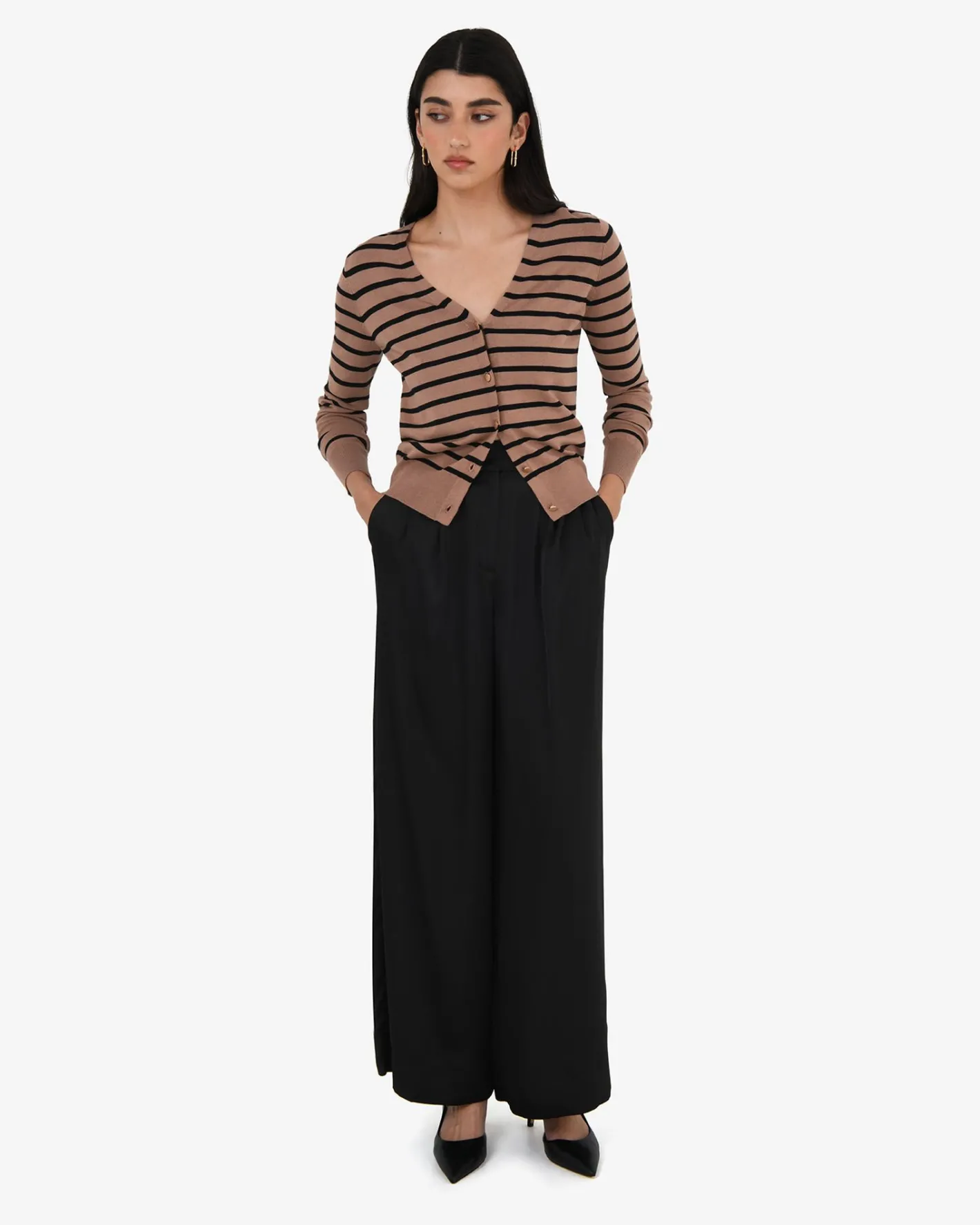 Forcast Arabell V-neck Stripe Cardigan Beige & Black