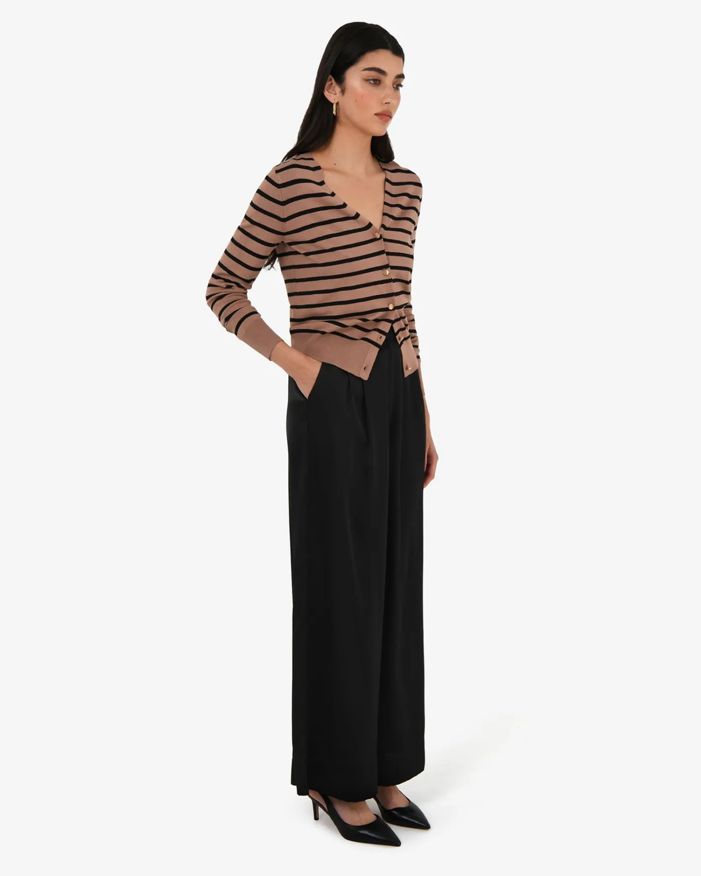 Forcast Arabell V-neck Stripe Cardigan Beige & Black