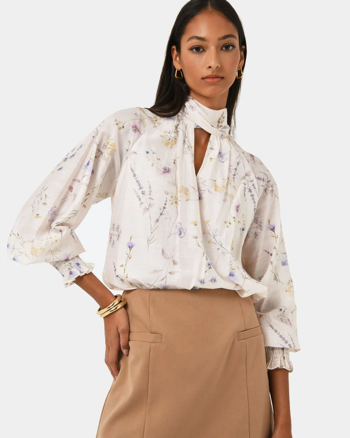 Forcast Aurae Floral Tie Blouse Ivory Floral Online