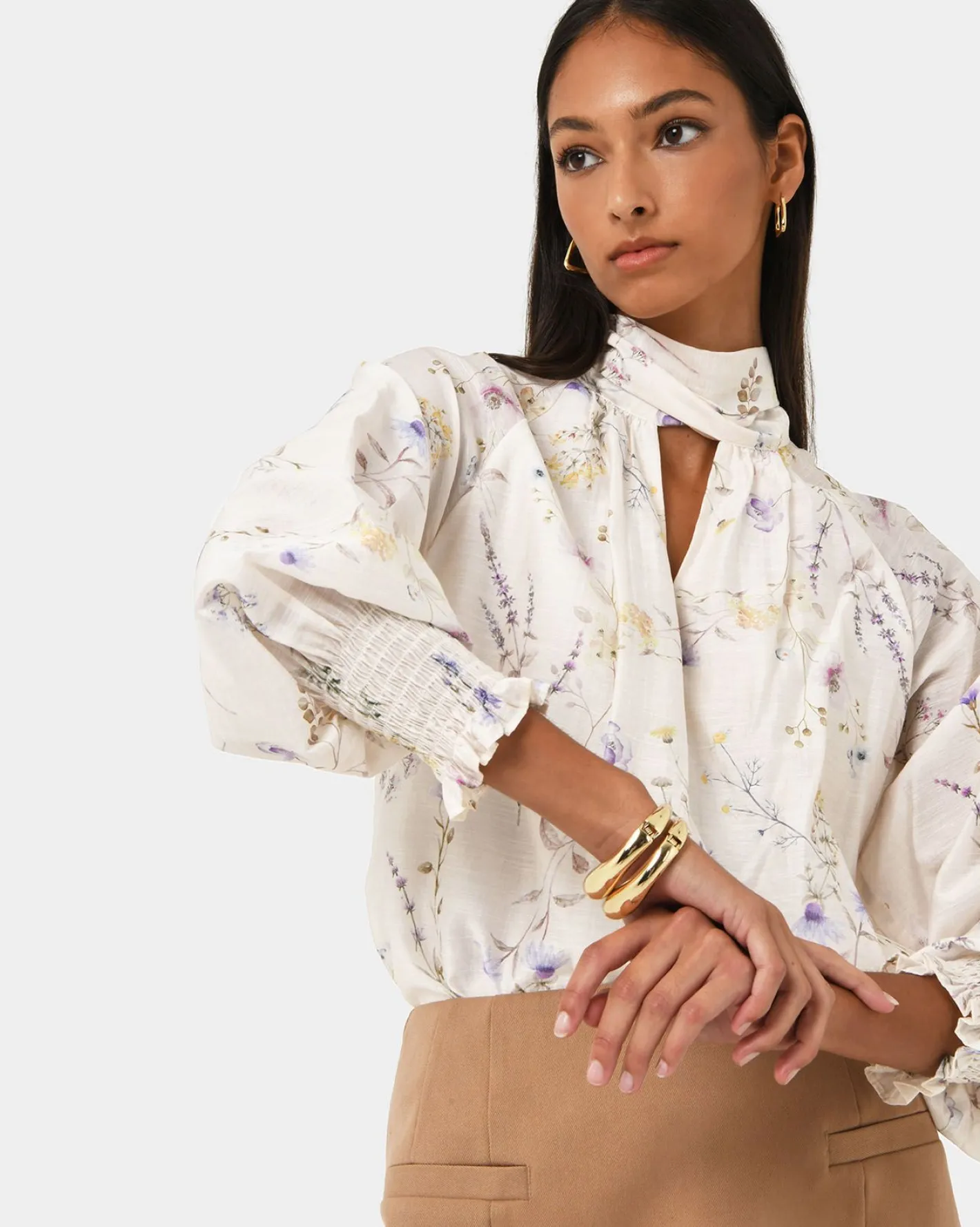 Forcast Aurae Floral Tie Blouse Ivory Floral Online
