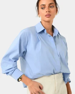 Forcast Baire Pleated Crop Shirt Blue Outlet