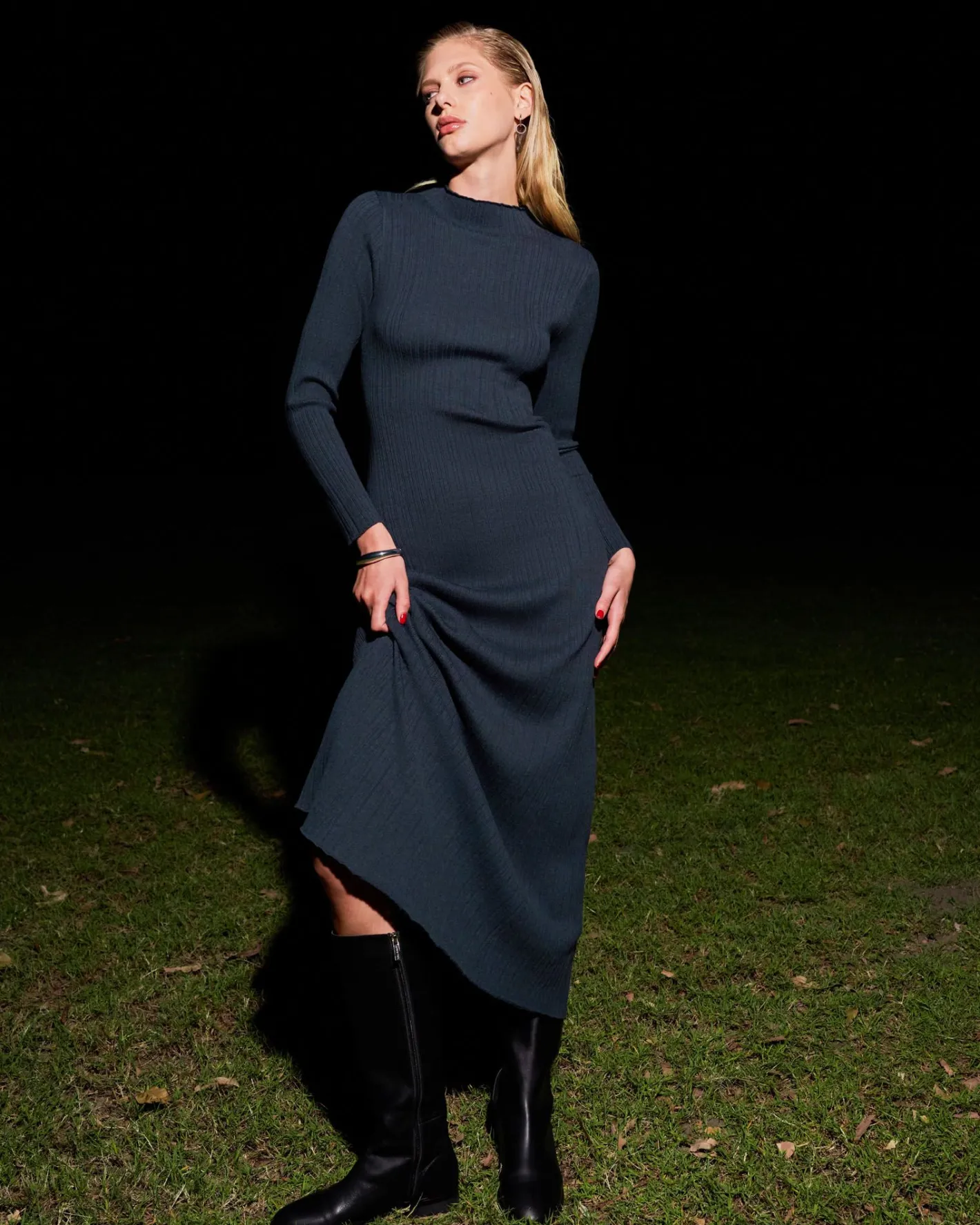 Forcast Bambi Knit Midi Dress Navy Discount