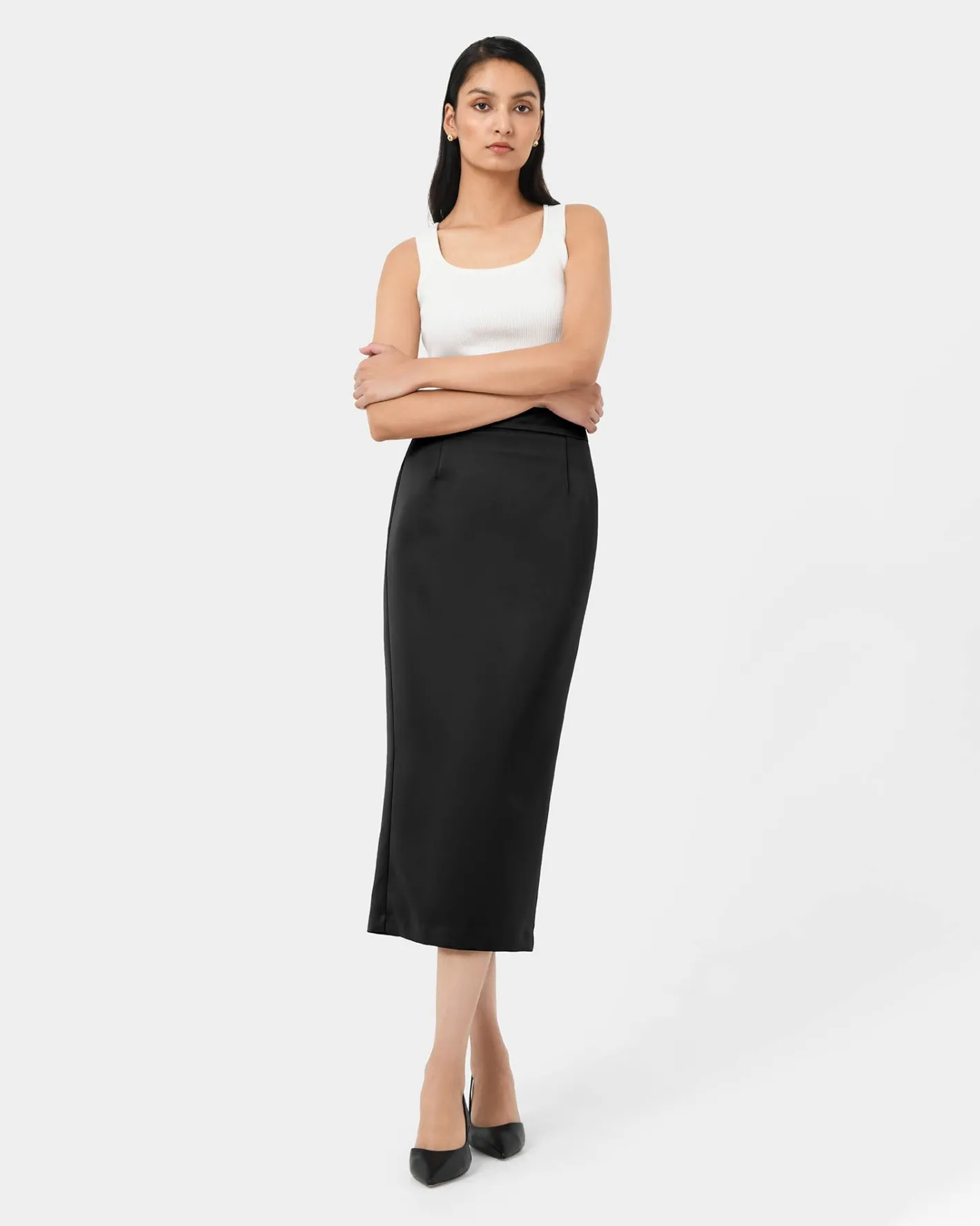 Forcast Bel Tailored Satin Midi Skirt Black New