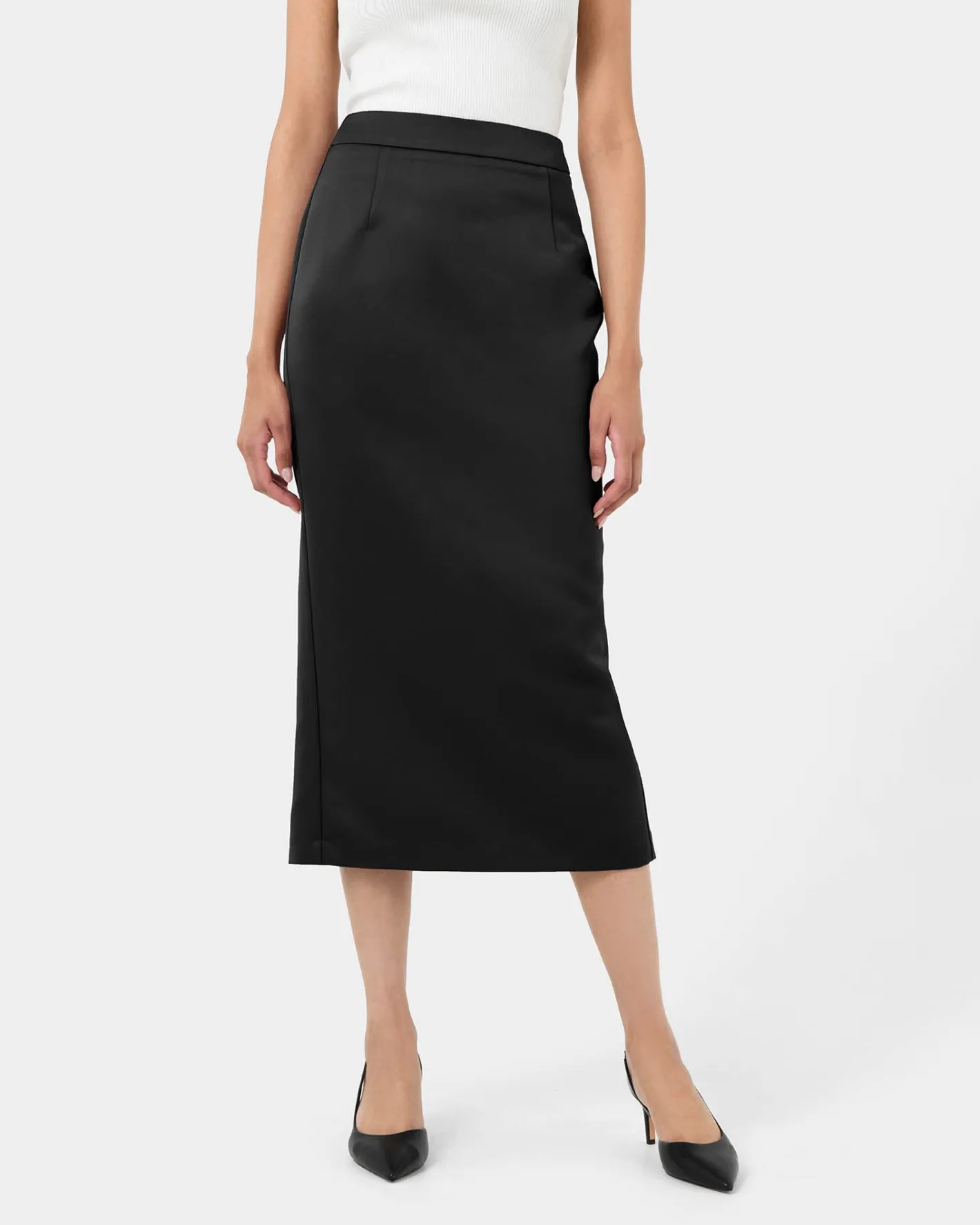 Forcast Bel Tailored Satin Midi Skirt Black New
