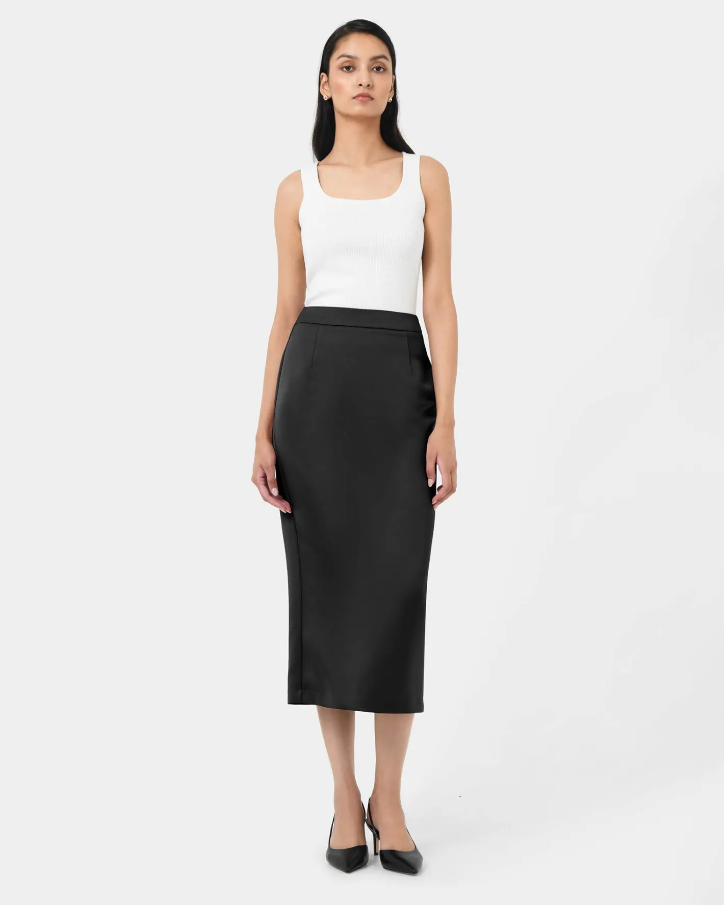 Forcast Bel Tailored Satin Midi Skirt Black New