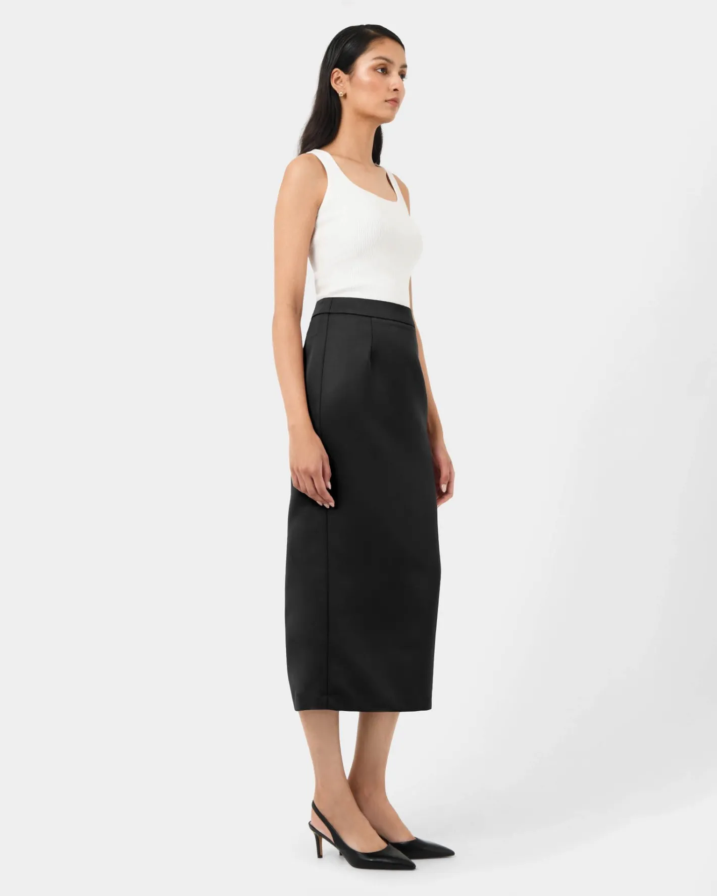 Forcast Bel Tailored Satin Midi Skirt Black New
