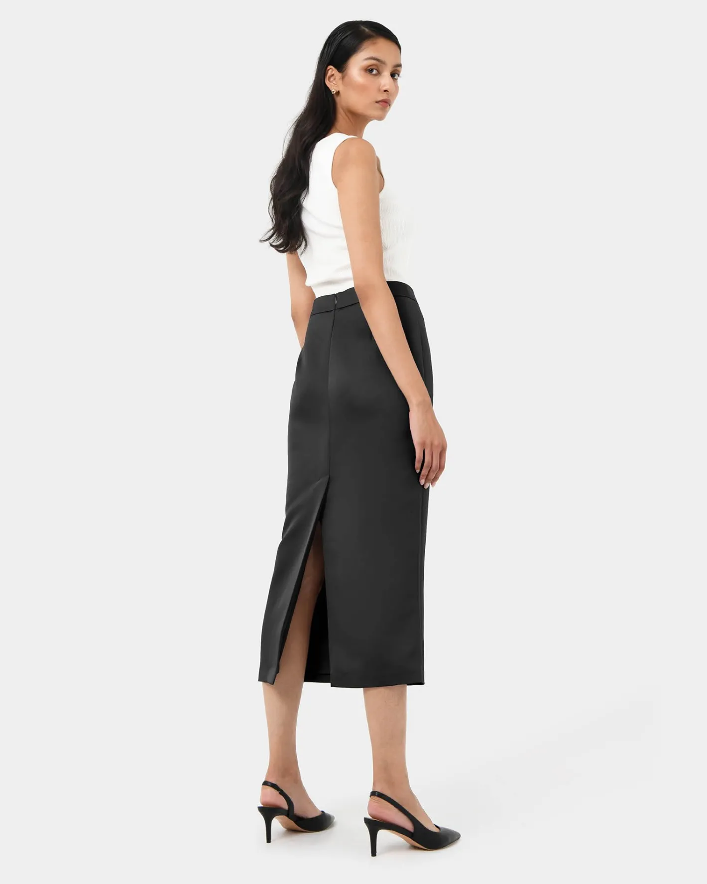 Forcast Bel Tailored Satin Midi Skirt Black New