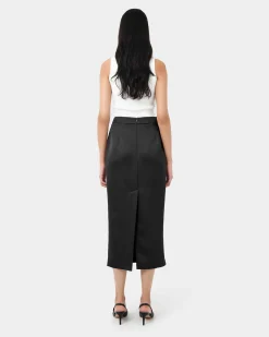 Forcast Bel Tailored Satin Midi Skirt Black New