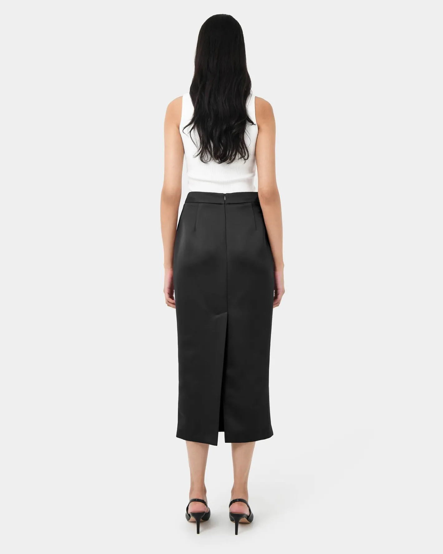 Forcast Bel Tailored Satin Midi Skirt Black New