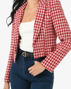 Forcast Bennet Houndstooth Crop Blazer Ivory & Red Sale