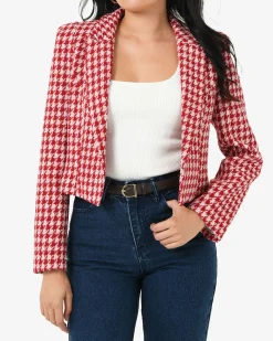 Forcast Bennet Houndstooth Crop Blazer Ivory & Red Sale