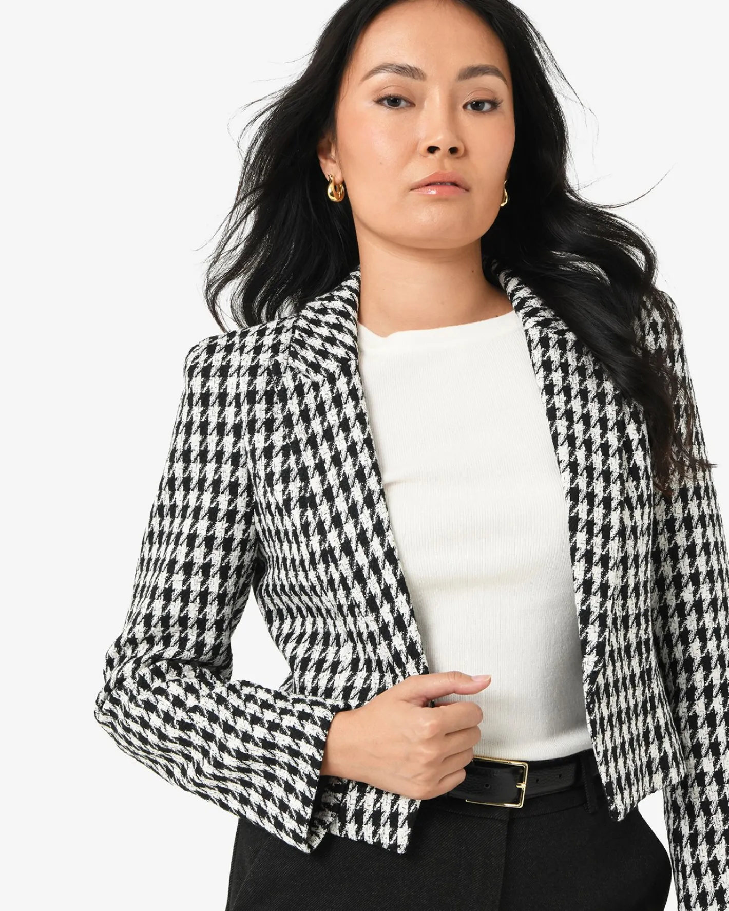 Forcast Bennet Houndstooth Crop Blazer Ivory & Black