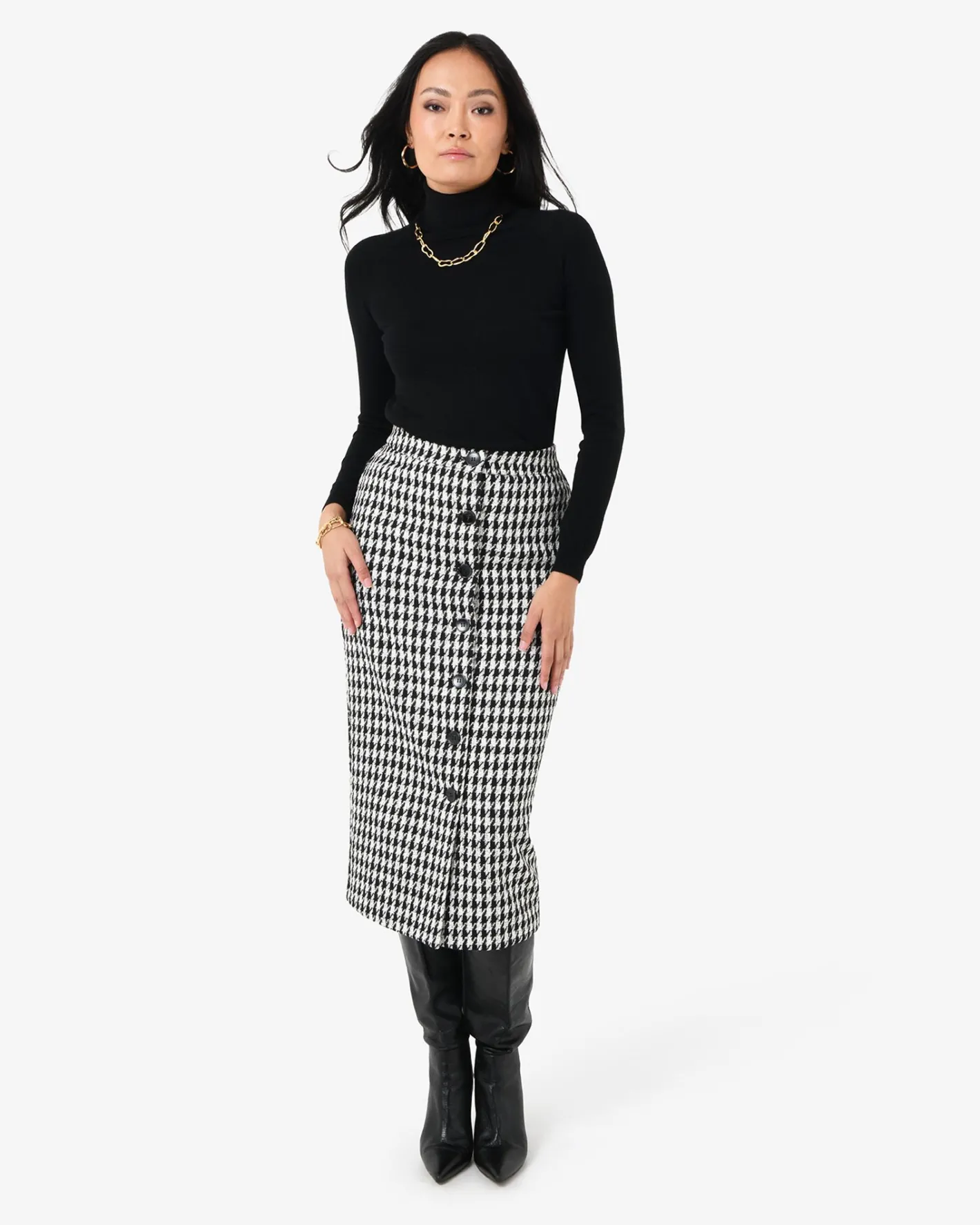 Forcast Bennet Houndstooth Midi Skirt Black - Ivory