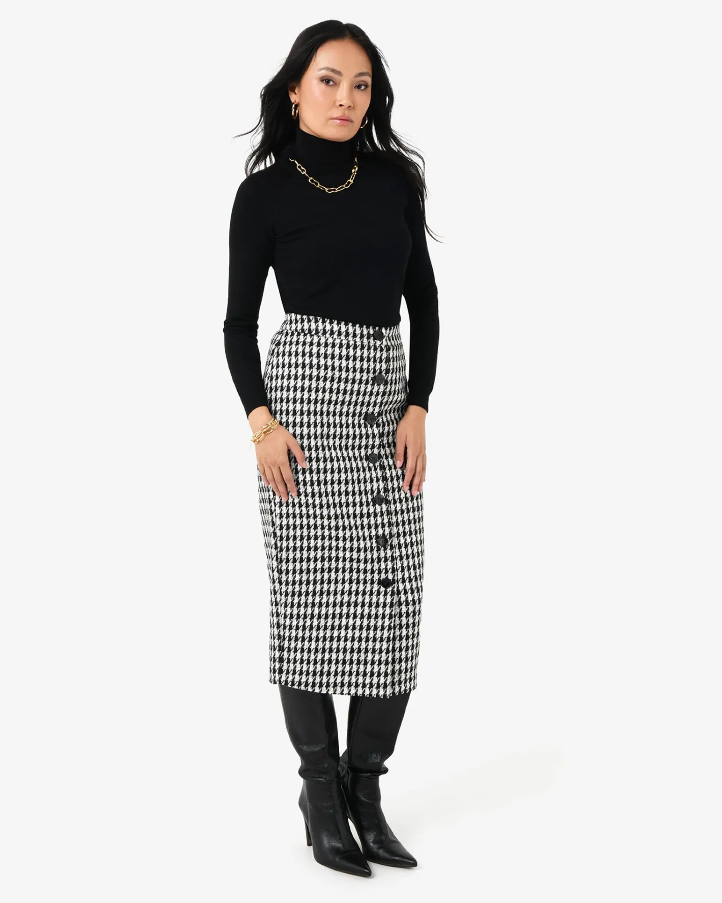 Forcast Bennet Houndstooth Midi Skirt Black - Ivory