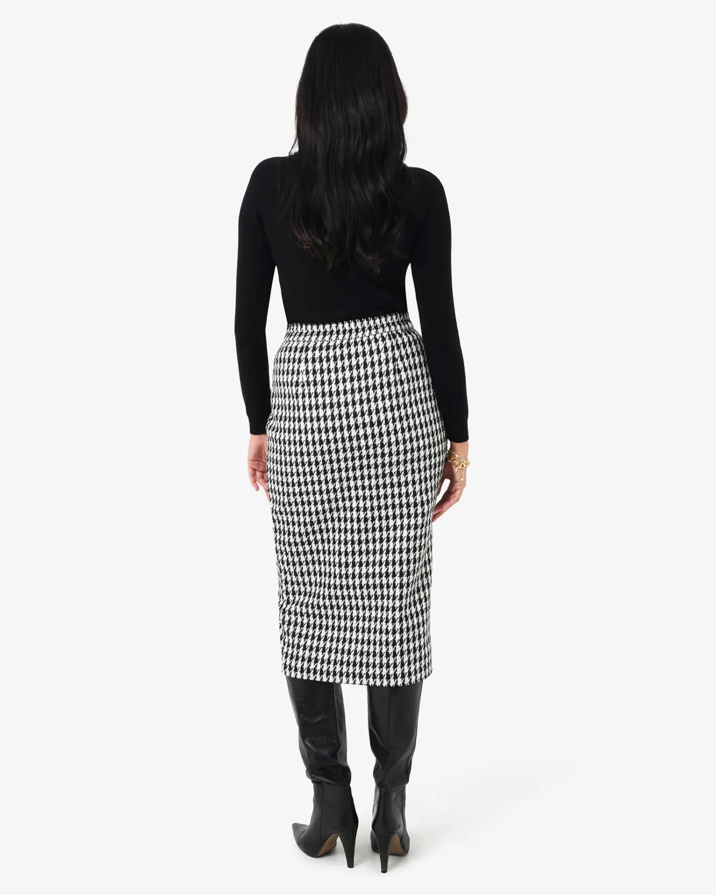 Forcast Bennet Houndstooth Midi Skirt Black - Ivory