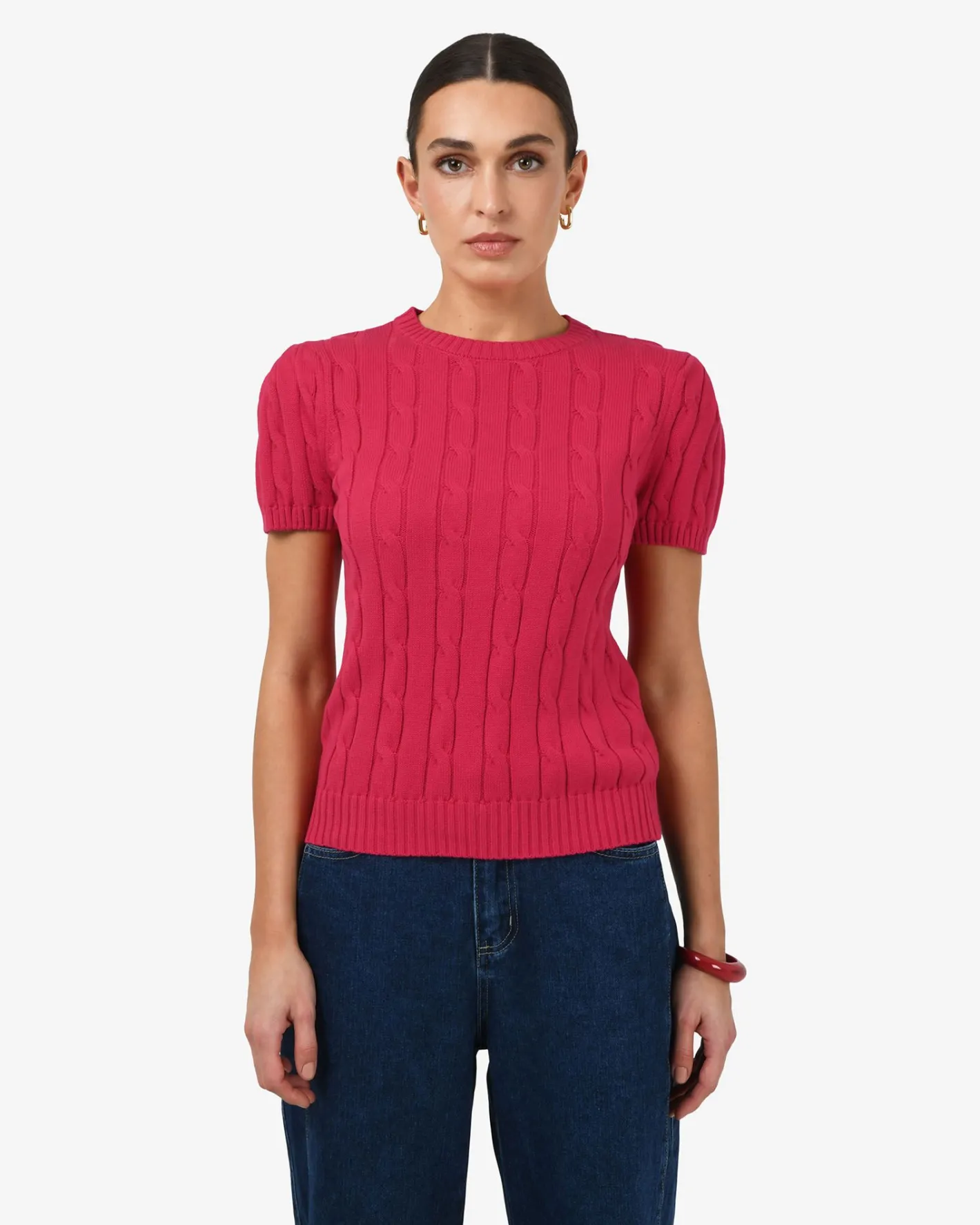 Forcast Berry Puff Sleeve Cable Knit Crimson Outlet
