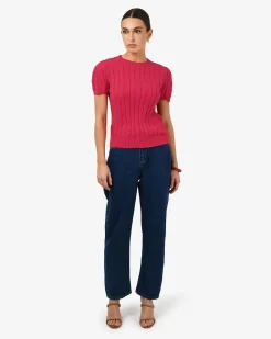 Forcast Berry Puff Sleeve Cable Knit Crimson Outlet