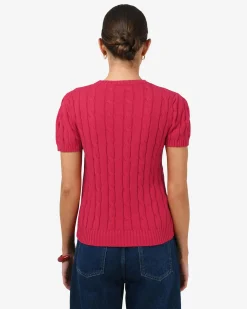 Forcast Berry Puff Sleeve Cable Knit Crimson Outlet