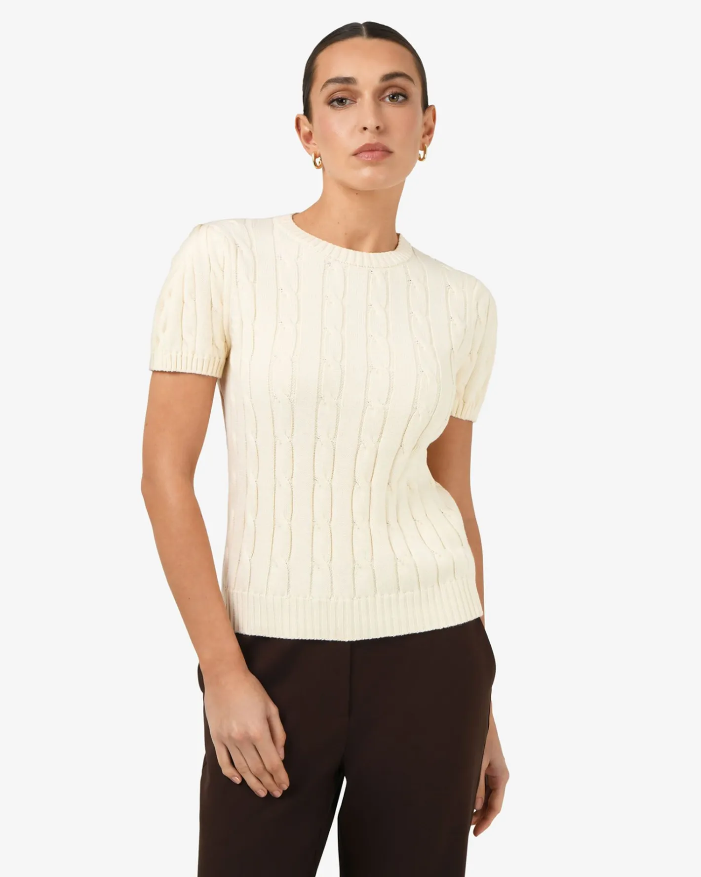 Forcast Berry Puff Sleeve Cable Knit Cream Clearance
