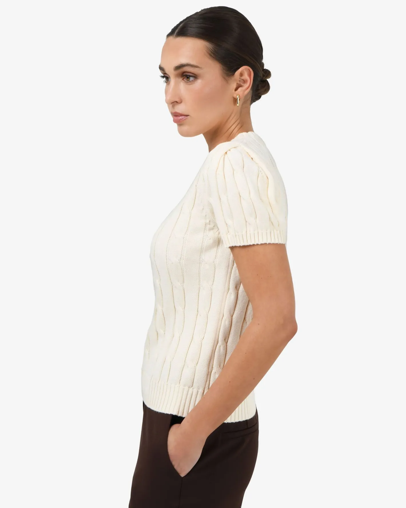 Forcast Berry Puff Sleeve Cable Knit Cream Clearance