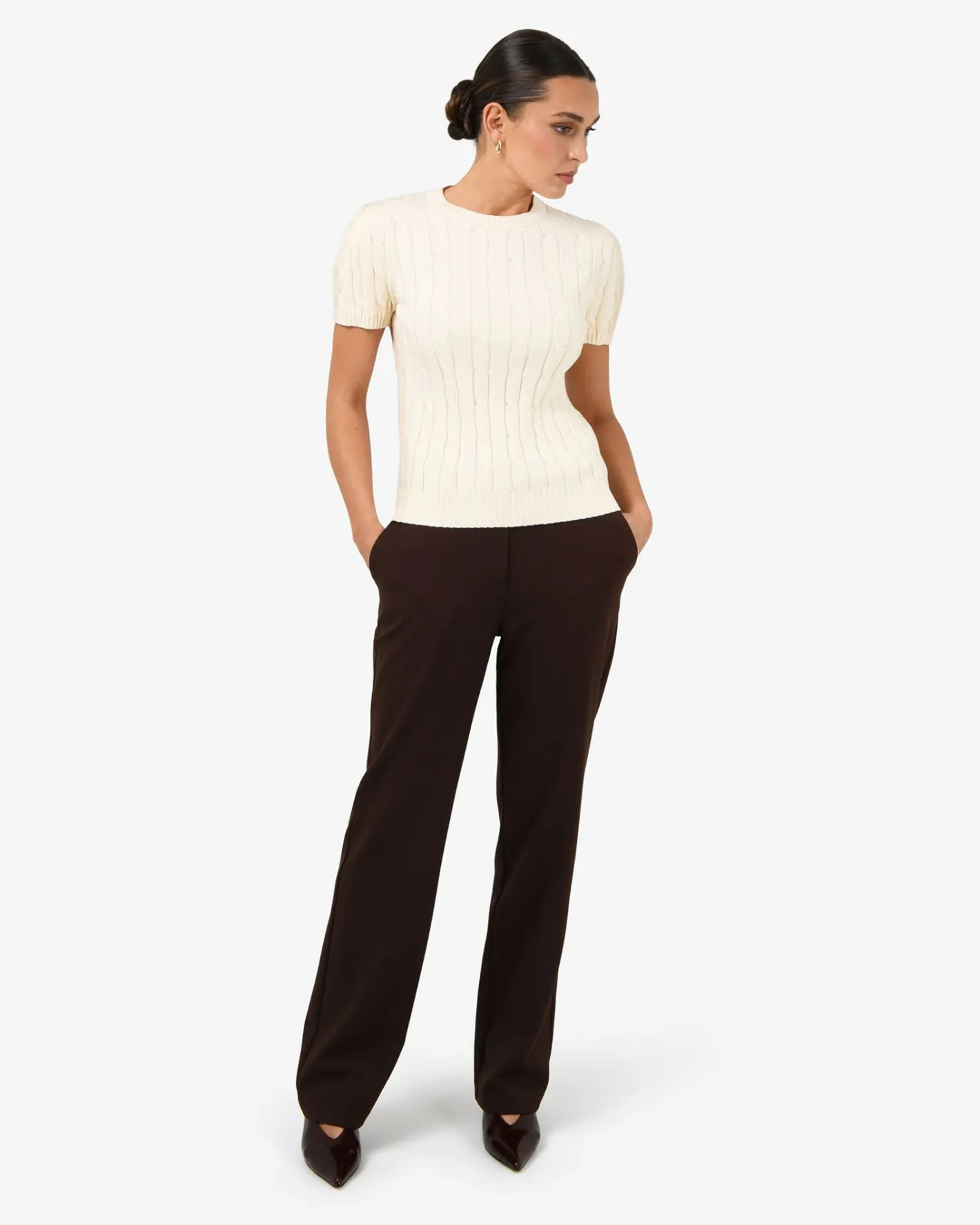 Forcast Berry Puff Sleeve Cable Knit Cream Clearance