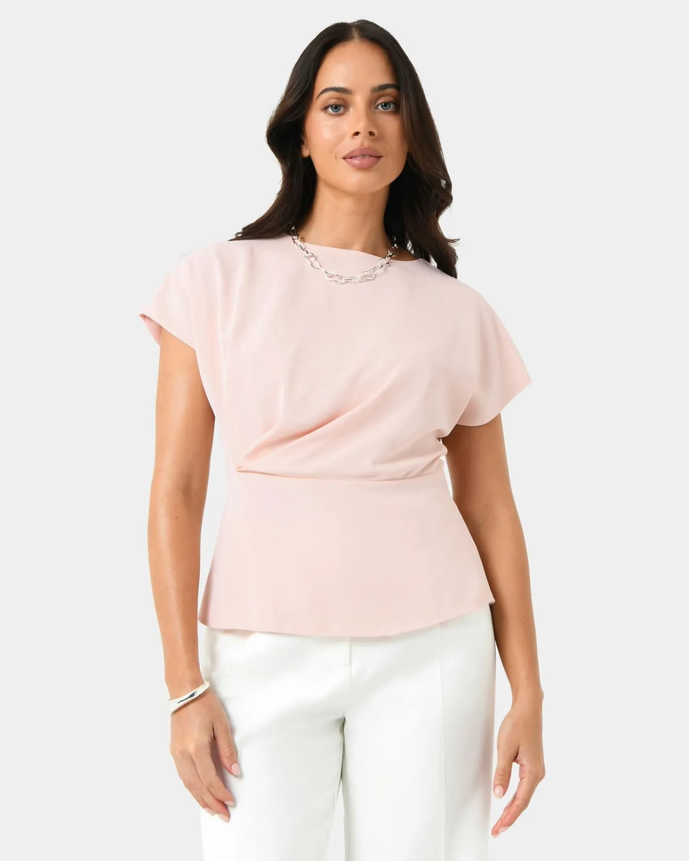 Forcast Bonnie Gathered Peplum Top Pastel Pink Hot
